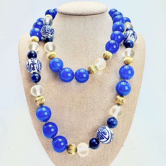 Vintage Fine Porcelain Painted Bead Peking Glass 14K Gold Bead Necklace 30